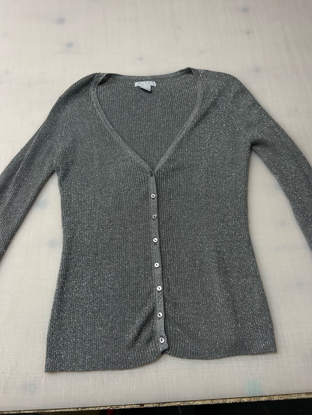 Silver Metallic V-Neck Button Cardigan Sweater women’s xl